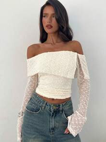 女士纯色蕾丝荷叶边露肩喇叭袖衬衫 - 杏色 - 查看 3