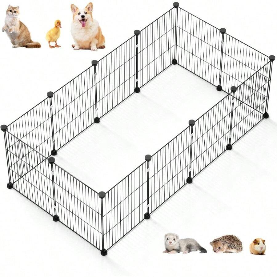 12 Panels Small Animal Playpen With Waterproof Mat - Durable Metal Wire Yard Fence For Guinea Pigs Kittens Puppies Hamsters And Hedgehogs - Indoor And Outdoor Pet Cage - 12片金屬絲網 - 查看 1