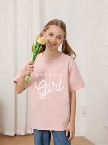 Tween Girl Casual Funny Print Crew Neck Short Sleeve T-Shirt, Summer Top - Pink - View 2