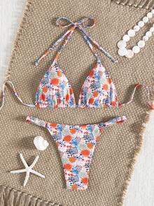 wohenmeili Conjunto de bikini sexy con estampado floral y atar al cuello, para playa de verano - Flores rojas sobre fondo blanco - Ver 4