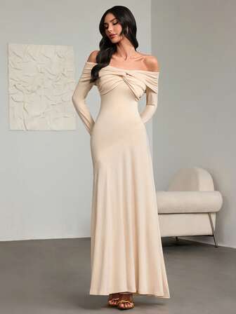 Damklänning i exklusiv stil – Off-Shoulder/One-Shoulder-utringning, knutdetalj med långa ärmar, sammet/satintyg, elegant och sexig, lämplig för fester, bröllop och dejter