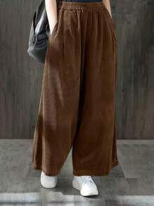 Coffee Color Corduroy Wide Leg Pants For Women, High Waist Loose Flattering Vintage Casual Trousers, Versatile For All Seasons Spring - Coffee Brown - View 4