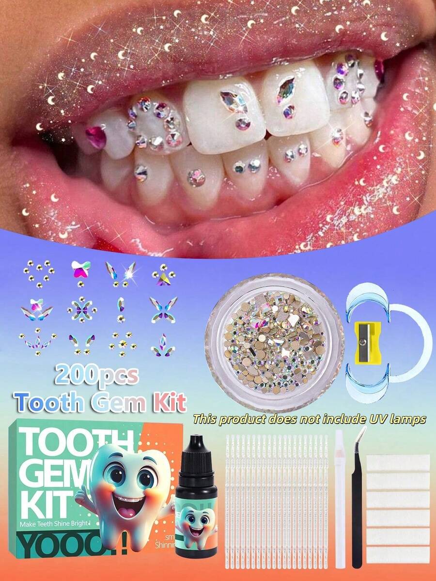200pcs Tooth Gems Set, Includes Glue And Tools, DIY Tooth Crystals, Assorted Tooth Gem Jewelry Set, Easy To Attach, Fashionable Y2K Style, Sparkling Rhinestones Decorate Smile, Suitable For Beginners And Professionals (No UV Light Needed) - Multicolor - View 1
