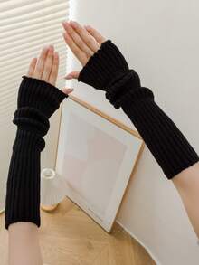 New Women Arm Warmers Japanese White Black Goth Knitted Fingerless Gloves Ankle Wrist Sleeves Harajuku 52cm Gloves - A - View 2