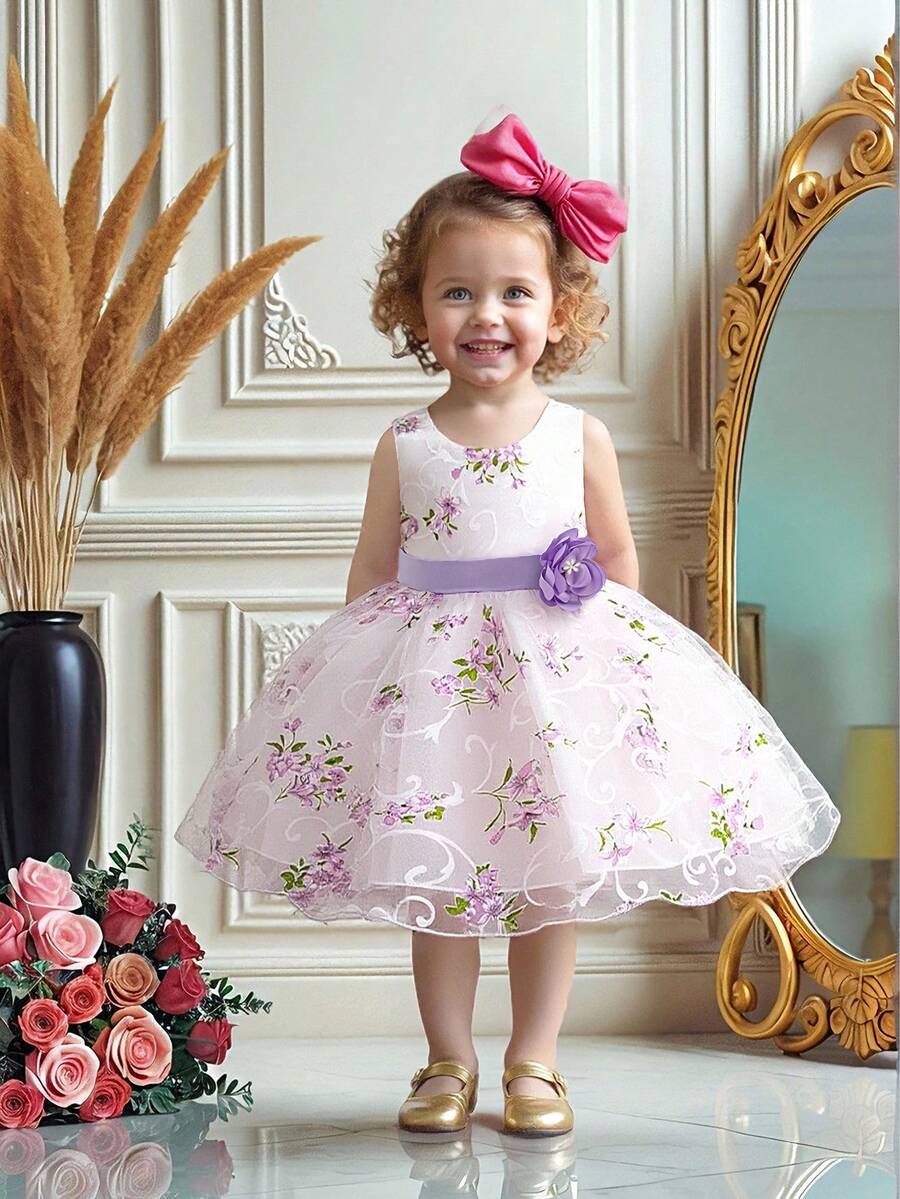 Baby Girls Floral Print Tulle Princess Dress, & Cute Flower Girl Dress, Excluding Headband - Purple - View 1