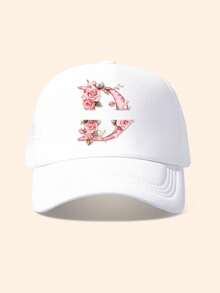 1pc White & Pink Rose Embellished Letter Design Trucker Hat, Customizable 26 Letter Text, Name, Birthday, Fashion Breathable Hollow Sunshade Baseball Cap, Suitable Gift For Friends & Kids, Spring/Summer - White - View 32