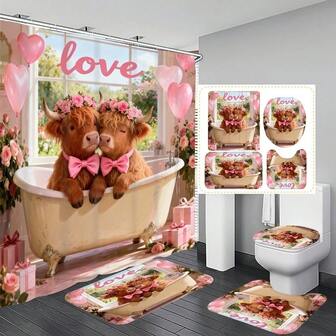 1/4-delars Alla hjärtans dag-dekorationset med mönster av höglandskon och hjärtmönster. Detta bedårande romantiska rosa och bruna duschdraperi är tvättbart, perfekt för badrumsinredning. Innehåller 12 krokar och 1 halkfri badrumsmatta, samt 1 U-format toalettlock, en utmärkt present till hemmet.