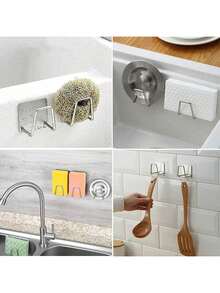 1pc Stainless Steel Sink Sponge Holder, Strong Adhesive Draining Rack, Kitchen Sink Dish Drying Rack, Cleaning Sponge Holder Hook, Durable & Stylish Bathroom Accessory - Black - View 7