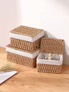 Lidded Woven Storage Basket | Multifunctional Storage Box For Cosmetics, Keys, Snacks & Small Items | Essential For Dorm Rooms, Also Suitable As Elegant Wedding Gift Decor Box | Fashionable Space-Saving Desktop Storage Box For Living Room, Hallway, Office & Bedroom - Apricot - View 3