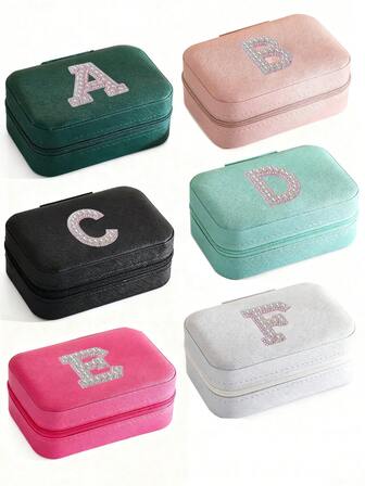 1 st. vit & rosa smyckeskrin med initialer, A-Ö PU-läder vit bärbar resesmyckesskrin, blå smyckesförvaringsask, svart mini smyckeskrin med dragkedja för halsband, ring, hänge, armband, örhängen, smyckesförpackningsask, lämplig för mors dag, bröllop, brudtärna, årsdag, alla hjärtans dag, julklappar, flickvän