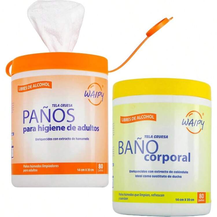 Pack de Paños para Baño Corporal y Toallitas Húmedas para Adultos 160 Toallitas Humedas - Pack de 2 Botes Paños para enfermos - Limpieza Profunda Refresco y Suavidad - Libre de Alcohol WAIPY - 160 paos - Añade 1