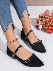 女士时尚尖头搭扣舒适平底鞋，随机豹纹印花，适合日常通勤和休闲穿着，黑色玛丽珍鞋 - 黑色 - 查看 4