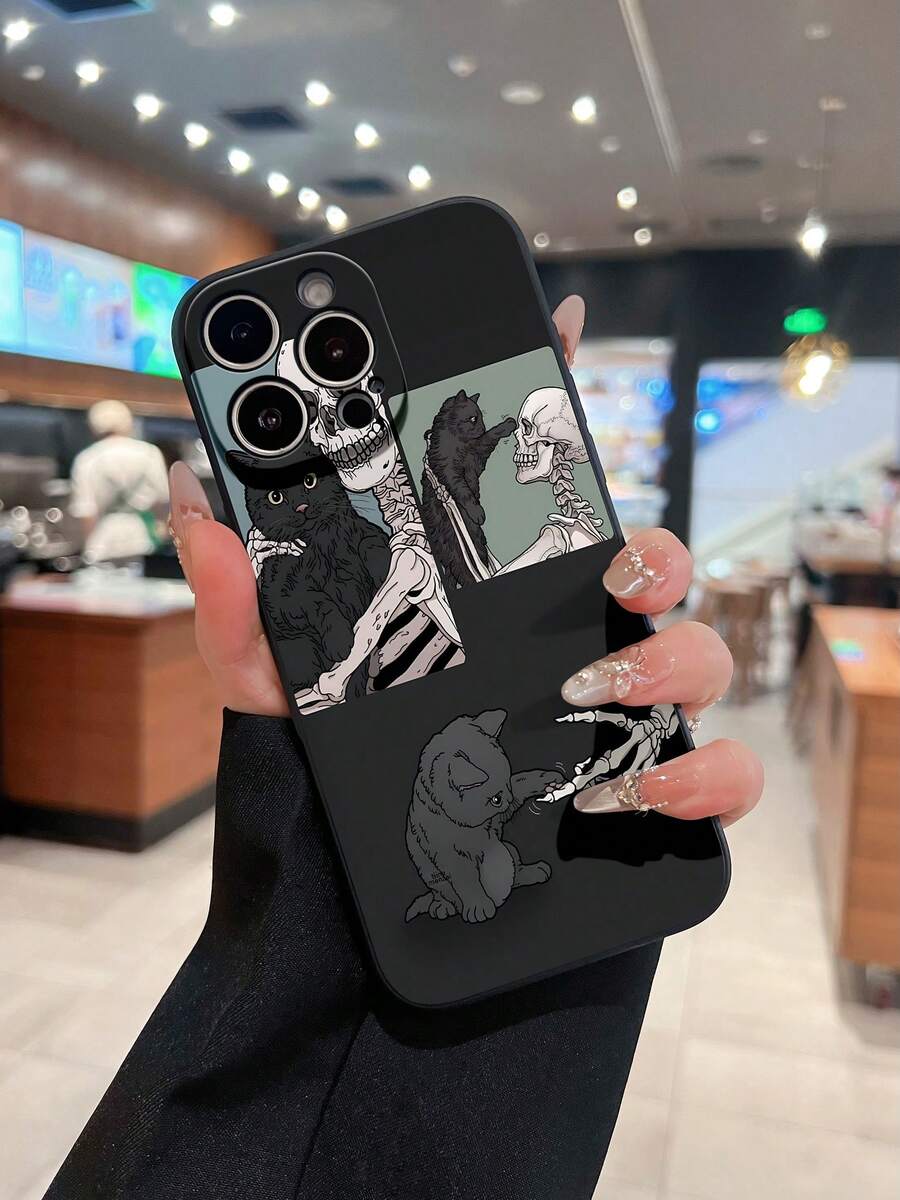 Funda para teléfono con diseño de esqueleto de gato negro compatible con fundas para teléfonos 17 16 Pro Max 15 Pro Max 13 y 12 Resistente al agua, a las caídas y a los arañazos Un gran regalo para familiares, amigos, seres queridos, novios/novias y para Halloween - Negro - Ver 1
