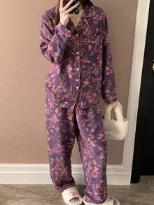 2pcs Purple Textured Women Long Sleeve Pajamas, Floral Print Button-Front Romantic Loungewear - Purple - View 6