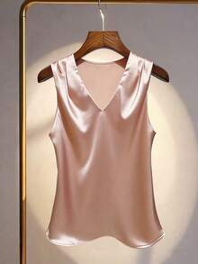 Plus Size Solid Color V-Neck Sleeveless Shirt, Elegant For Office/Commute, Summer - Champagne - View 2