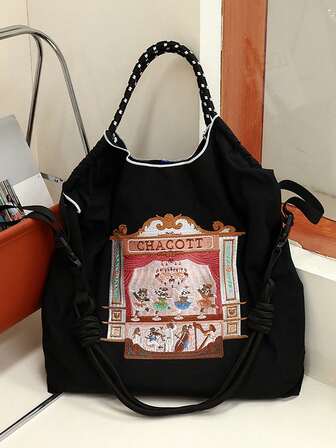 1 st. mångsidig broderad scenpjäsmönster lättviktig vikbar nylon shoppingväska, justerbar axelrem för pendling, shopping, fest