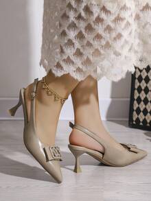 Women's Pointed Toe Backless Sandals, Multi-Color Versatile Small Buckle Elegant High Heels, Suitable For Dates, Parties, Weddings, And Commuting, Spring/Summer - Light Khaki - View 6