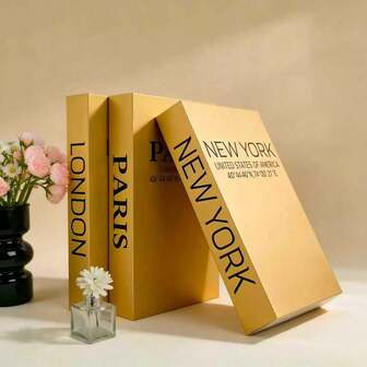 3pcs Elegant Paper Decorative Books, Gold Foil Paper City Series Decorative Fake Books, Exquisite Foil Stamping Design, Stackable Bookshelf Faux Books, Fashionable Home Decor Accessories, Holiday Decorations