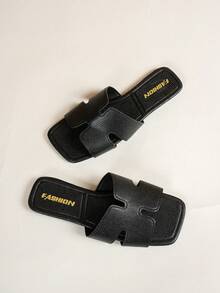 Sandalias planas para adolescentes/niñas, pantuflas planas ligeras y antideslizantes de PU con punta cuadrada, resistentes al desgaste, de moda popular europea y americana para resort y playa, primavera/verano - Negro - Ver 5