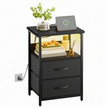 Tomnk Nightstand With Charging Station, LED Light, USB Ports & Outlets - Includes 2 Fabric Storage Drawers With PU Finish In Black / White / Rustic Brown - 美規B型插(110-127V) - 查看 12