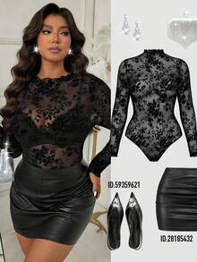 Women's Long Sleeve Flocked Lace Bodysuit, Sexy Fitted - Black - View 1