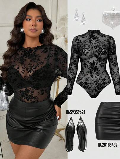 Women's Long Sleeve Flocked Lace Bodysuit, Sexy Fitted