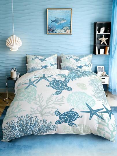 3pcs Sea Turtle Pattern Duvet Cover Set (1*Duvet Cover + 2*Pillowcase, Without Core), With Adorable Sea Turtles, Starfish, Coral & Shell Prints, Soft & Skin-Friendly, Soothing Visual Fatigue,Suitable For All Seasons, Zipper Closure, Suitable For Hotel, Bedroom, Guest Room And Dormitory Decoration Bedding, And Easy Care,Chic, Lightweight, Breathable, And Easy Care,Fashion Modern Simple
