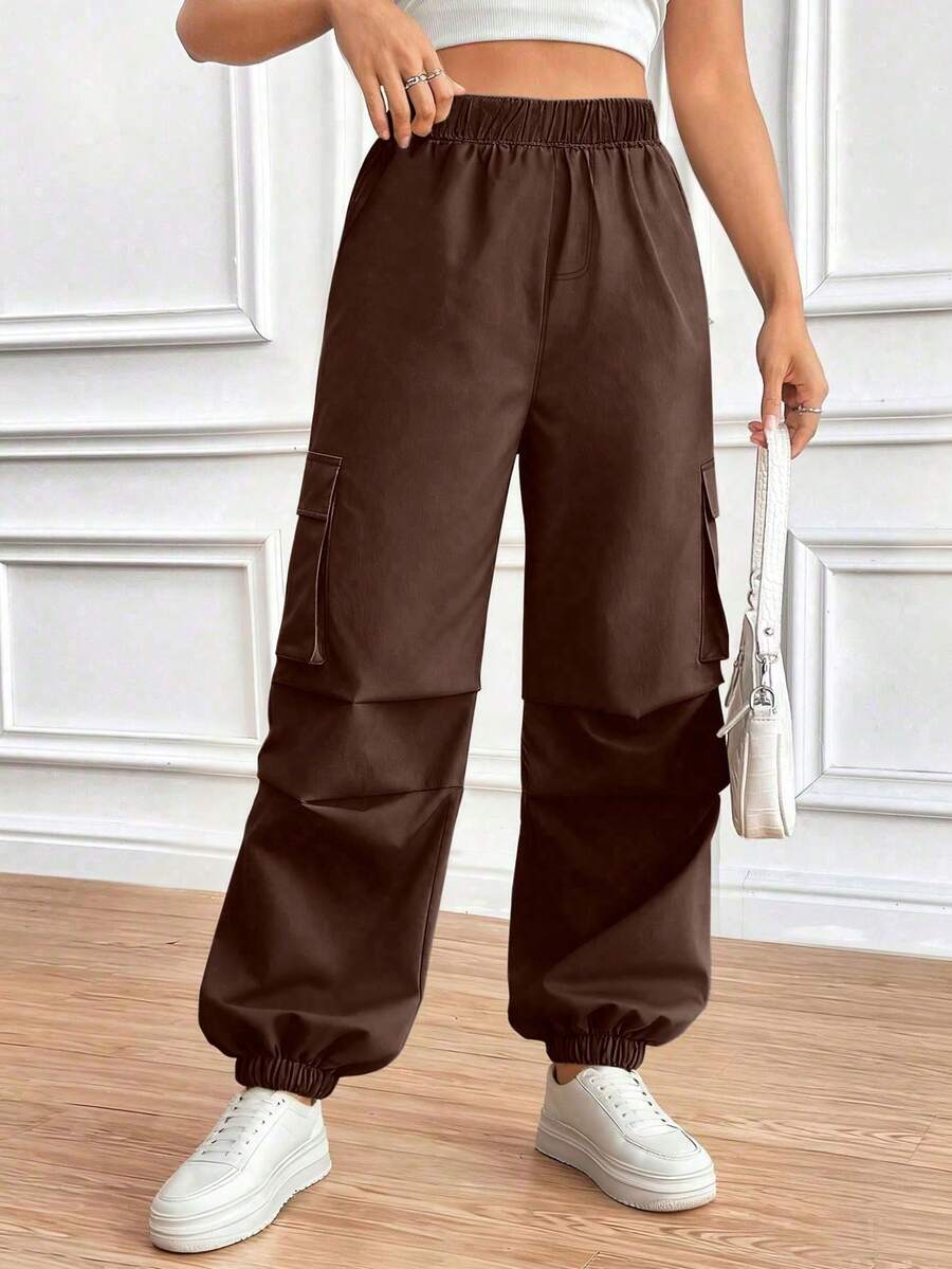 1pc Tween Girls Outdoor Street Casual Solid Color Cargo Pants - Brown - View 1