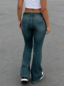 Fashionable & Elegant Minimalist Women's Double-Breasted Slim Fit Flare Leg Jeans, Slimming - Dark Wash - View 8