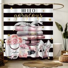 1pc Black & Pink Shower Curtain, Fashionable Black & White Girly Style Shower Curtain, Suitable For Girls And Women, Modern Floral, Perfume, Stripe, High Heel Shoe, Magazine, Book Bathroom Decor, Autumn Decoration, Bathroom Accessories, Back To School - Multicolor - View 1
