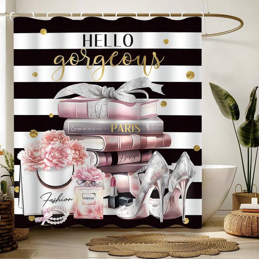 1pc Black & Pink Shower Curtain, Fashionable Black & White Girly Style Shower Curtain, Suitable For Girls And Women, Modern Floral, Perfume, Stripe, High Heel Shoe, Magazine, Book Bathroom Decor, Autumn Decoration, Bathroom Accessories, Back To School - Multicolor - View 1