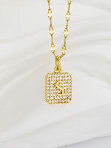 1pc Exquisite Shiny Stainless Steel Chain Full Zirconia Square-Shaped Initial Letter Gold Necklace For Girls Personalized Alphabet Clavicle Chain Stainless Steel Necklace Idea Gift For Christmas Birthday Anniversary Valentine's Day Mother's Day For Daily Casual - Gold - View 7