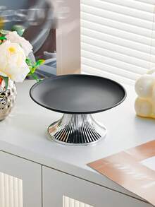 1pc Stainless Steel Round Tray, Metal Tray With Silver Base, Retro Design, Home Decor, Dessert Serving Tray, Party Decoration Platter - Black - View 12