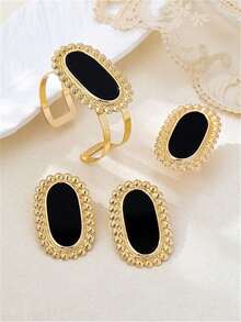 5 件套时尚欧美夸张黑白项链耳环手链戒指首饰套装仿珍珠装饰设计配饰 - 金黃色 - 查看 29