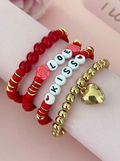 4pcs Valentine's Day Limited Edition Red & Gold Bracelet Set - "BE MINE" Letter Beaded Heart Pendant, Multi-Layer Pearl Bracelet, Ideal Gift For Girlfriend, Best Friend