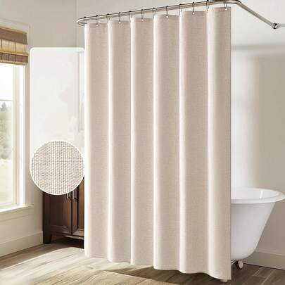 1pc Thickened Waterproof Shower Curtain, Beige Faux Linen Shower Curtain With Metal Hooks - Thick, Quick-Dry Fabric For Bathroom Privacy And Decoration