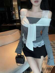 Women Off Shoulder Lace Trim Long Sleeve T-Shirt, Layering Blouse - Grey - View 3