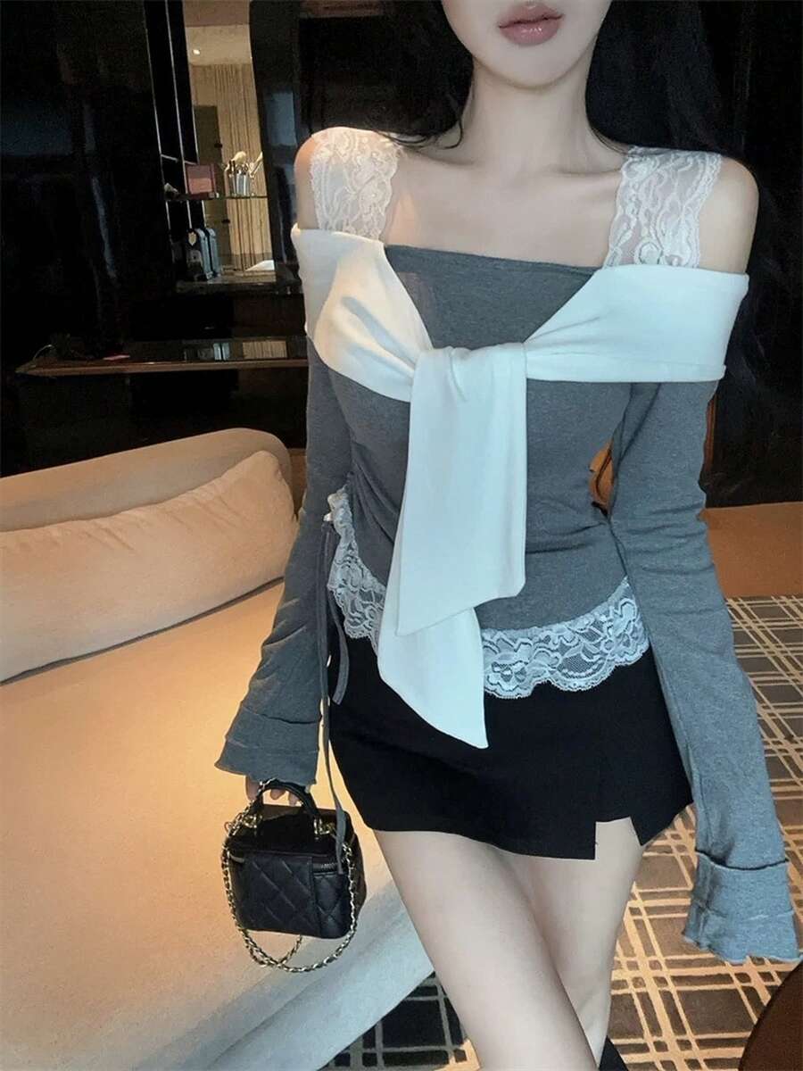 Women's Lace Trim Long Sleeve Off Shoulder T-Shirt Top, Layered Blouse For Spring & Summer - Grey - View 1