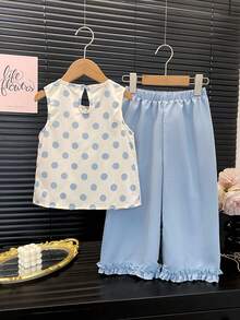 2 pezzi/set Outfit casual per ragazze, top e pantaloni set di moda per giovani ragazze con decorazione a pois e fiocco, estivo - Blu - Visualizzare 2