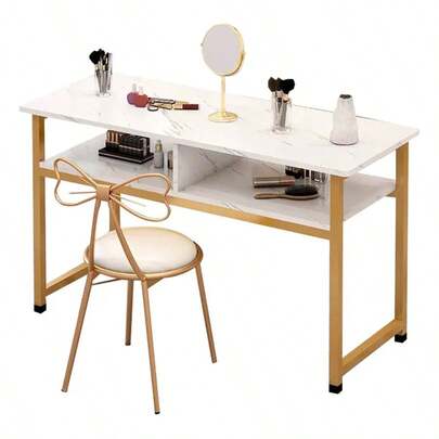 Mesa de Maquillaje de Marmol Blanco y Oro con Estante, Amplio Espacio para Cosméticos, Mesa de Maquillaje para Hogar y Salón de Belleza, Mesa de Uñas de Minimalismo