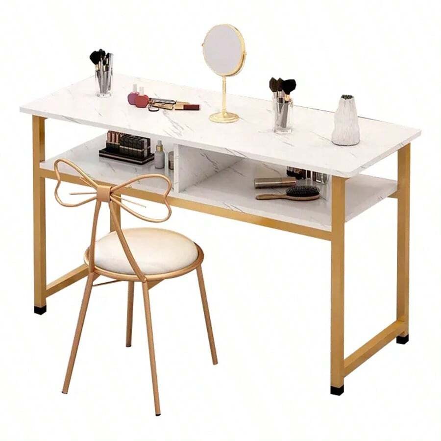 Mesa de Maquillaje de Marmol Blanco y Oro con Estante, Amplio Espacio para Cosméticos, Mesa de Maquillaje para Hogar y Salón de Belleza, Mesa de Uñas de Minimalismo - Estante dorado + tablero blanco - Ver 1