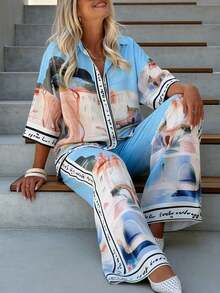 بلوزة فضفاضة مطبوعة بأسلوب كاجوال، طقم أكمام قصيرة، أسلوب بوهيمي كاجوال مع جيب للارتداء اليومي والعطلات الشاطئية - الأزرق - مشاهدة 3