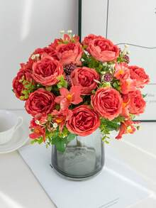 زهرة اصطناعية من الزهور الكبيرة والصغيرة 12.99 بوصة، نبات مزيف، باقة عروس، إكسسوارات إكليل عيد الحب والزفاف DIY، ديكور باقة العروس، ديكور سيارة الزفاف، ديكور القوس والمدخل، المنزل، المطعم، غرفة النوم، ديكور المزهرية - برتقالي-أحمر - مشاهدة 7