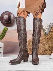 Elegant Women's Slimming Western Boots, New 2025 Model Over-The-Knee Long Boots With Embroidery, Chunky Heel High Heel Retro Riding Boots - Coffee Brown - View 6