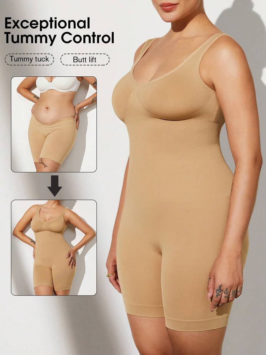 1件装女士加大码无缝塑身连体衣，收腰、塑胸、收腹、提臀，夏季紧身衣 - 杏色 - 查看 1