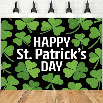 1 pieza de tela de fondo para el Día de San Patricio, con diseño plano 2D de tréboles verdes de la suerte, decoración de fiesta con las palabras "Feliz Día de San Patricio", sin necesidad de fuente de alimentación, fácil de colgar, adecuado para el hogar, la oficina, aniversarios, fotos de smash de pasteles - Tela de poliéster duradera, decoración del Día de San Patricio