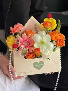 1 Set Envelope Flower Gift Box, Designed As A Love Letter, Bouquet Gift Box With Handle, Suitable For DIY Flower Arrangement, Wedding, Valentine's Day, Graduation Party Small Gifts, Party Decoration, Foldable Flower Packaging, Reusable (Comes With Pearl Chain) - 彩色 - 查看 6
