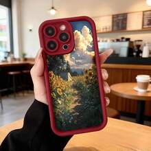 Cubierta de teléfono con borde negro diseño de campo de girasoles y cielo nublado para uso diario en cafeterías y espacios interiores,Aplicable a los teléfonos de la serie Apple y Galaxy - Café integral - Ver 5