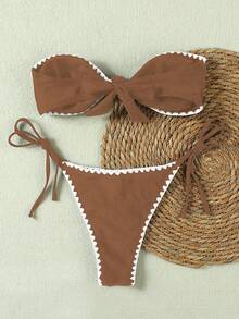 Bộ bikini gợi cảm cho nữ mùa hè mới, kiểu dáng thanh lịch, phối màu tương phản, viền ren, hở lưng, thích hợp cho kỳ nghỉ biển hoặc hẹn hò. - Lạc đà - Xem 3