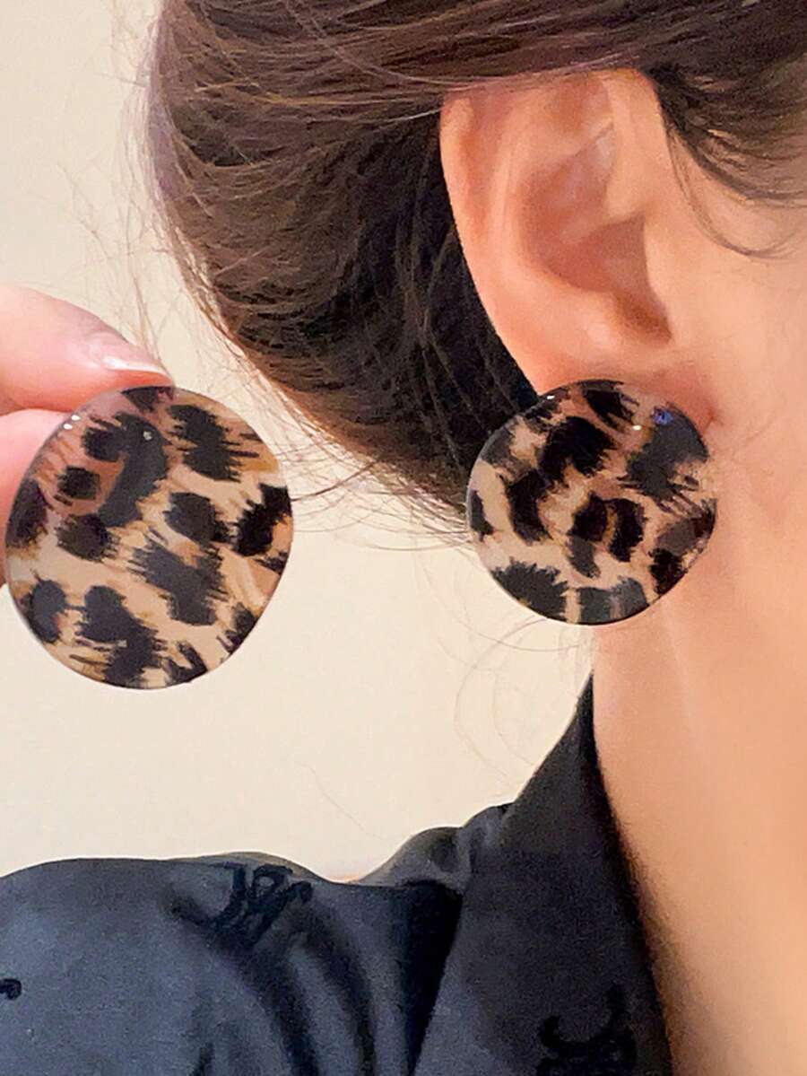 1对复古优雅亚克力圆形褶皱扎染豹纹时尚耳环 - 彩色 - 查看 1